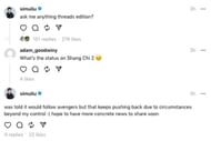 Simu Liu's latest post (Image via Threads)
